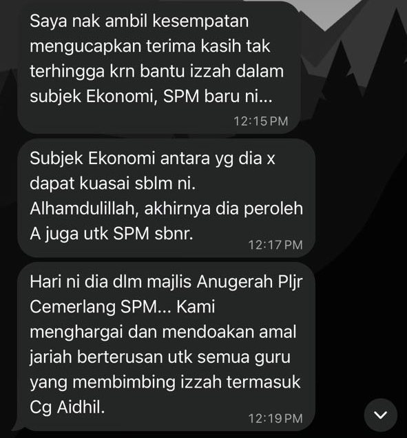WhatsApp message from a parent thanking Cikgu Aidil for Economics tuition and confirming their child earned an A in the actual SPM examination.